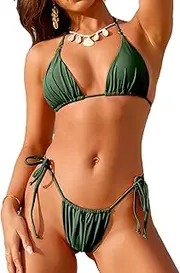 Womens Triangle Thong Bikini Set String Halter Two Piece Sexy Cheeky Swimsuit Swim Bathing Suits for Women