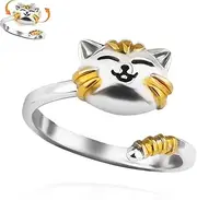 [Mikovivi] Fidget Ring Women, Plated Silver Rotatable Rings Animal Cute Cat Ring Open Adjustable Fidget Jewelry for Relax, M, Metal