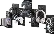 Controller and Headphone Holder Wall Mount, Modular Gaming Pegboard with Accessories, Controller Stand for Xbox PS5 PS4 Switch, Video Game Storage, Disc Shelf Organizer, 7pcs Pegboard, Black