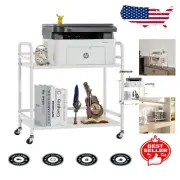 Compact 2-Tier White Printer Cart with Wheels - Ideal for Home Office Storage