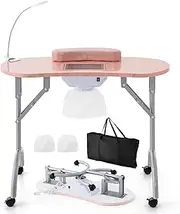 Portable Manicure Nail Table on Wheels, Folding Nail Technician Desk Station w/Electric Dust Collector,LED Table Lamp, Removable Wrist Cushion, Carry Bag, 3 Dust Bags, for Nail Beauty Salon (Pink)