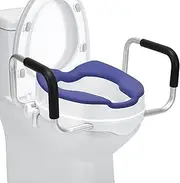 Raised Toilet Seat with Handles, 4'' Toilet Seat Riser for Seniors with TPR Padded and Aluminum Arms, Toilet Safety Riser for Elongated or Standard Commode (Blue)