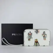 Prada Women White Leather Zip Around Wallet w/robot Print 1ZH030 F0009