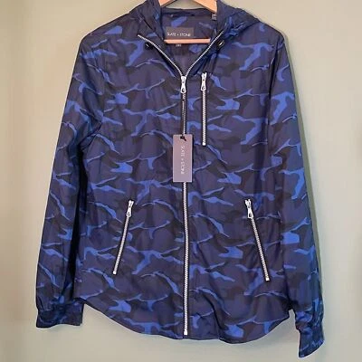 NWT Slate & Stone Lightweight Track Hooded Blue Camo Print Jacket Sz S