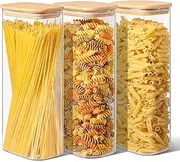 ComSaf 71oz Rectangle Glass Jars with Lids, 2100ml Glass Storage Containers with Bamboo Lids, Clear Food Storage Jar, Tall Spaghetti Container, Pantry Storage Container for Pasta Flour Cereals Nuts