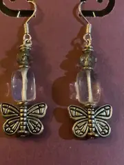 Butterfly ( Pewter) Earrings With Opalite On Sterling! New