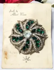 Vintage Silver Weiss Green Rhinestone Brooch Pin NOC