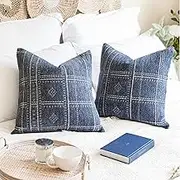Dark Blue Decorative Throw Pillow Covers 18X18, Set of 2, Boho Farmhouse Cushion Cover, Cozy Soft Accent Pillowcase for Couch Sofa Bed Living Room Home Décor