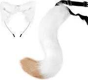 [KQIVEN] Cat Ears and Wolf Fox Animal Tail Cosplay Costume Faux Fur Hair Clip Headdress Halloween Set(White, Khaki)
