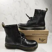 Dr Martens Zavala Y Size Woman 6 Men 5 Black Smooth Leather Combat Boots NEW