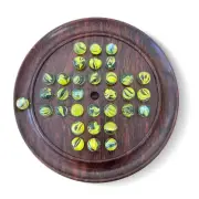 22cm Diameter WOODEN SOLITAIRE BOARD GAME with BRILLIANT YELLOW GLASS MARBLES