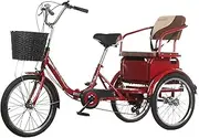DEFGHIJ Foldable Three Wheel Bike Adjustable Backrest Seat Trike Bike Bicycle 6 Speed Red Adult Tricycle Bike for Recreation Shopping Men's Women's Bike