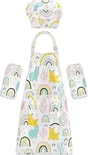 AIXIWAWA Kids Apron Chef Hat Set, Child Kitchen Bib Aprons Adjustable for Cooking Baking Painting (Cartoon Llamas)