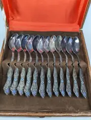 New vintage set of 12 cupronickel spoons with enamel, USSR, 1970-1980, in box