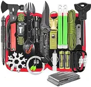 Survival Kit, 18-Piece Emergency Gear Set with Tactical Tools, Knife, Torch, Compass and First Aid Supplies, Red Case