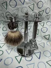 Safety Razor, Badger Hair Brush and Stand Set