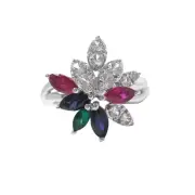 Emerald Ruby Blue sapphire & White Zircon Sterling Silver Flower Ring white Gold