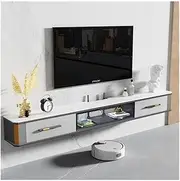 Shelf with Storage Floating TV Unit Under TV with Large Storage Space, Modern Luxury Floating Media Console with Glass Flip-Down Door and Rock Plate Desktop, 4 Colors Cabinet(Light Gray,180x25x24cm)