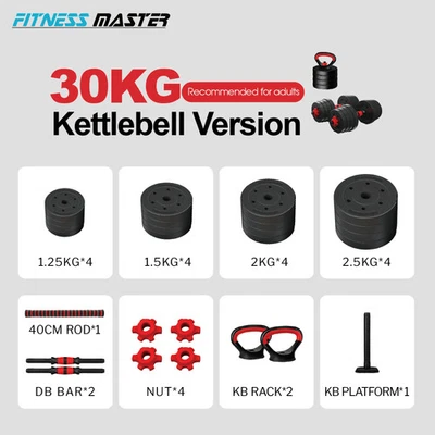 FITNESS MASTER 30KG 7-in-1 Adjustable Dumbbell Barbell Kettlebell Set Home Gym
