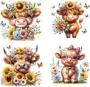 4 Piece 5"x5" Spring Baby Highland Cows Fabric Panel Squares - Quilting Panel Blocks