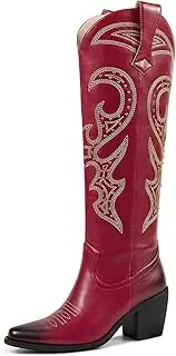wetkiss Knee High Cowboy Cowgirl Boots for Women, with Unique Embroidery, Side Zipper and Chunky Heel Design