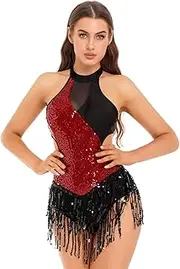 [TiaoBug] Women and Girls Fringed Hem Sequin Sleeveless Ballet Jazz Modern Tap Leotard for Dance