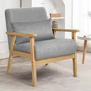 ALFORDSON Wooden Armchair High Back Accent Chair with Solid Wood Frame Wooden Armrest with Pillow, Linen Fabric Upholstery Cushion Lounge Sofa for Reading Bedroom Living Room, 180KG, Light Grey
