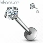 18G Internally Threaded Titanium Prong Set Gem Labret Stud Ear Tragus Daith Ring