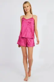 Pink Stripe Cami Set Pyjama Contrast Piping Satin PJ Set - Size L, Women's Pj Set