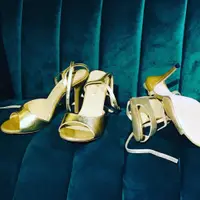 在飛比找蝦皮購物優惠-阿根廷探戈舞鞋晚宴鞋 燙金色皮料 经典寬帶款細跟高跟鞋 FE