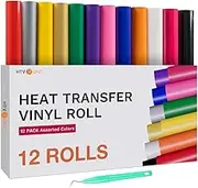 HTV Heat Transfer Vinyl Bundle (12 Pack) - 12 Inch by 5 Feet HTV Vinyl Rolls, Easy to Cut Iron on Vinyl for Cricut & Cameo, Easy to Weed Heat Transfer Vinyl
