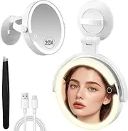 MOMOKUBA Magnifying Mirror with Light 20X, LED Bathroom Mirror with 3 Lighting Modes, Rotation Wall Mounted Makeup Mirror, Rechargeable Mirror with Lights and Suction Cup, for Home, Bathroom, Travel