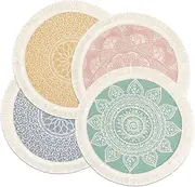 LOMOHOO Set of 4 Round Placemats 13 Inch Table Mats Boho Cotton Woven Mandala Tassels Heat Proof Washable Circle Place Mat for Kitchen Dining Wedding Farmhouse Home Decoration