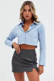Blue Crop Shirt Long Sleeve Collared Button Up Slim Fit - Size 10, Women's Shirt