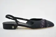 Chanel 22P Mademoiselle Coco Sling Black Grey Denim Slingback Ballet Flat 36