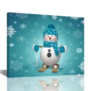 Winter Snowman Canvas Wall Art, Blue Hat and Scarf, Winter Christmas Decorati...
