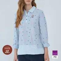在飛比找momo購物網優惠-【ILEY 伊蕾】假兩件式襯衫十字繡上衣(淺藍色；M-2L；