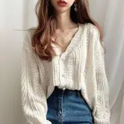 V-Neck Pointelle Knit Cardigan Light Green - One Size
