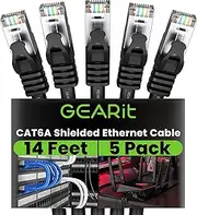 Cat6A Ethernet Cable (14 ft, 5-Pack, Black) 10Gbps Snagless Shielded SSTP, SFTP Shielded Ethernet Cable, 26AWG 4 Pair Solid Bare Copper Cat6 Cable, Cat 6 Shielded Network Cable - 14 feet