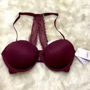 Auden Burgundy Red The Ace Demi Lace Racerback Front Close Underwire Bra 32C NEW