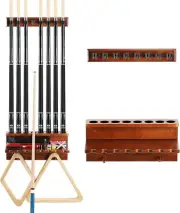 Wall-Mount Pool Cue Rack for 8 Cues - Solid Oak Wood, Easy Assembly