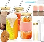 Drinking Glasses with Bamboo Lids and Glass Straw 4pcs Set 16.7oz (About 500g) Reusable Glass Straw Glass Mason Jar Set with Lid for Cola, Juice, Milk Tea, Cocktail, DIY Spice Jar