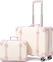 [Miss.Box] Vintage Luggage Set with Wheels, Retro Suitcase, Travel Trunk Set, Stylish Vintage Luggage Set for Women and Men, Ivory White, 14inch&18inch, Vintage Retro Style