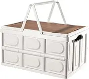 30L Folding Storage Bins with Wood Lid, Collapsible Closet Organizers and Storage Container, Multifunction Plastic Storage Box for Camping, College Dorm Room Essentials, Office, Outdoor, Indoor