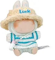Doll Clothing Set Compatible with Labubu Doll, Knitted Jumper with Blue and White Stripes, Straw Hat and Bottle