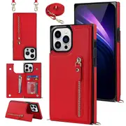 TPU+PU Phone Case for iPhone 15 Pro Anti-Scratch Kickstand Wallet Phone Cover with Shoulder Strap