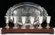 WALLACE GRAND BAROQUE SILVERPLATE CORDIAL SET W/ STAND MINT NEVER USED!