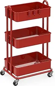 SimpleHouseware 3 Tier Trolley, Metal Utility Cart, Red