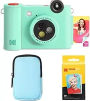 [KODAK] Smile+ 2-in-1 Digital Instant Print Camera & Wireless Bluetooth Photo Printer Starter Bundle + Deluxe Case + Zink 20pk Sticky-Back Photo Paper - 10MP, Special-Effect Rotating Lens - Green