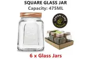 6 x Square Glass Jar 475ML Clear Food Container Storage Can Preserving Canister